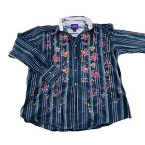 Atti Men's size XL Striped Floral Embroidered Button-Up Shirt Long Sleeve Vintag